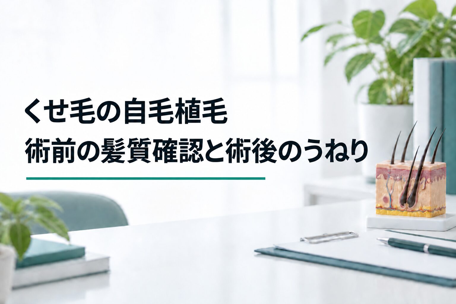 くせ毛の自毛植毛｜術前の髪質確認と術後のうねり（解説用のイメージ画像）