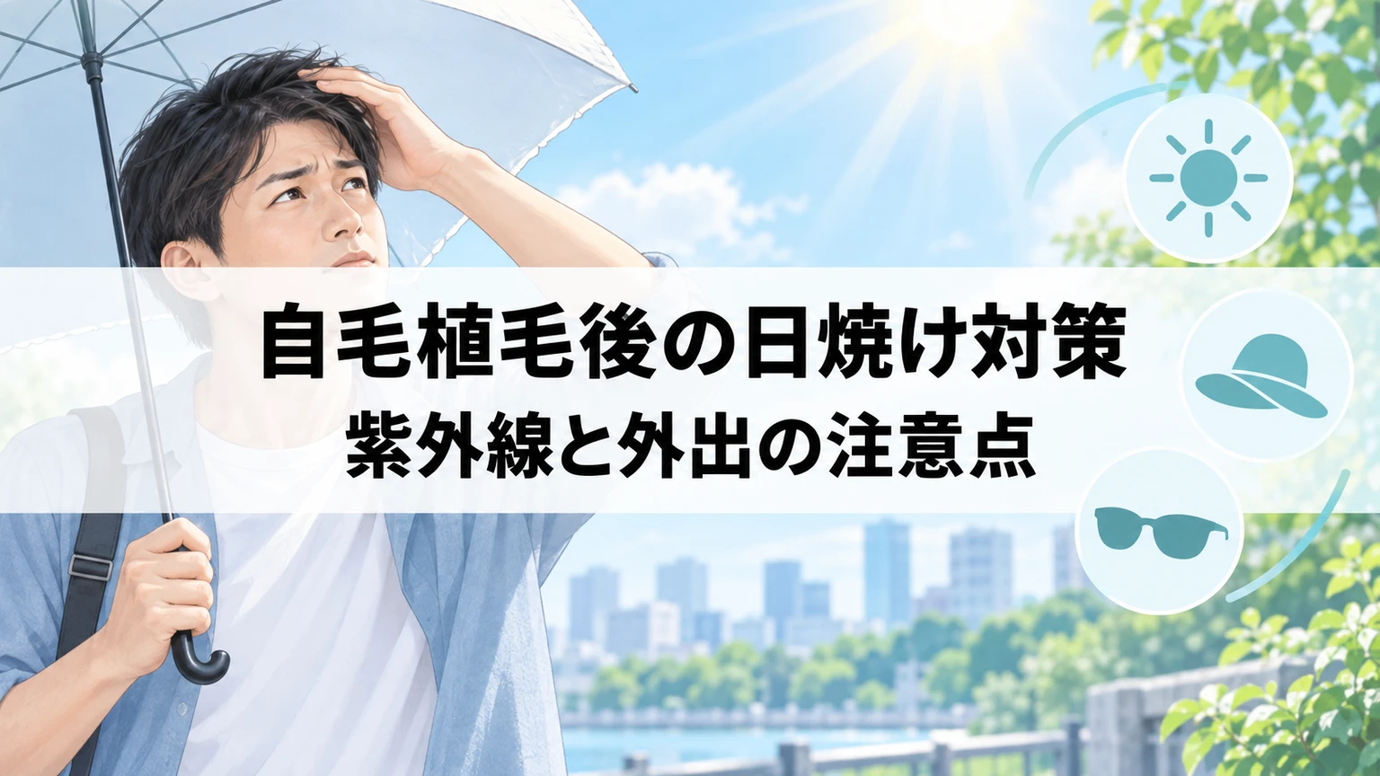 自毛植毛後の日焼け対策｜紫外線と外出の注意点を説明するイラスト