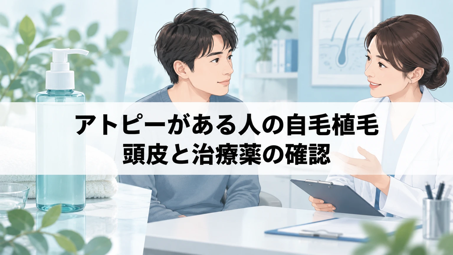アトピーがある人の自毛植毛｜頭皮と治療薬の確認を説明するイラスト