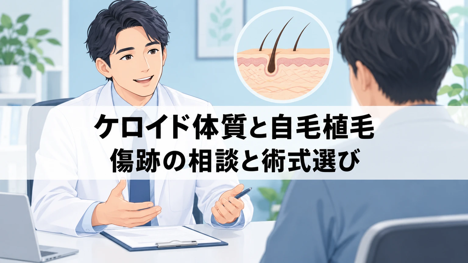 ケロイド体質と自毛植毛｜傷跡の相談と術式選びを説明するイラスト